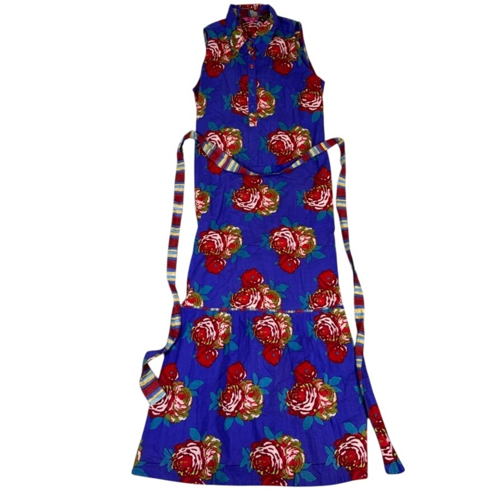 Lisa Corti Milano Sleeveless Rose Print Cotton Maxi Dress Blue Red Medium